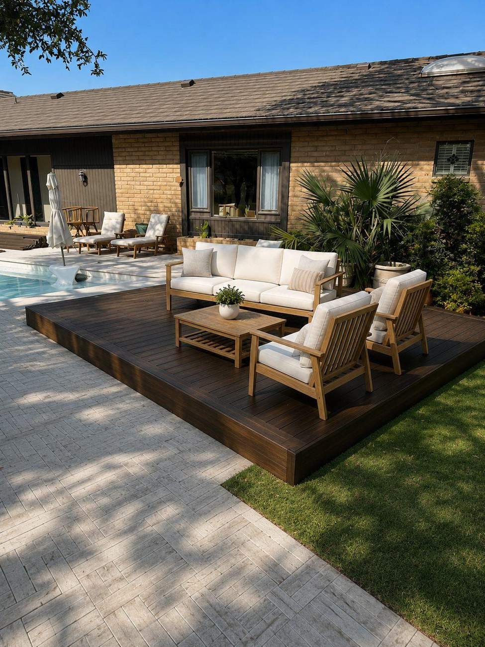Floating deck platform with lounge furniture