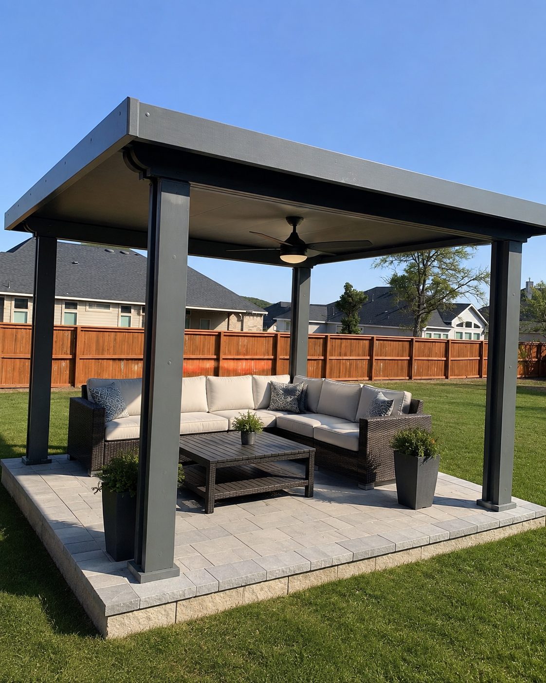 White lattice pergola over back patio