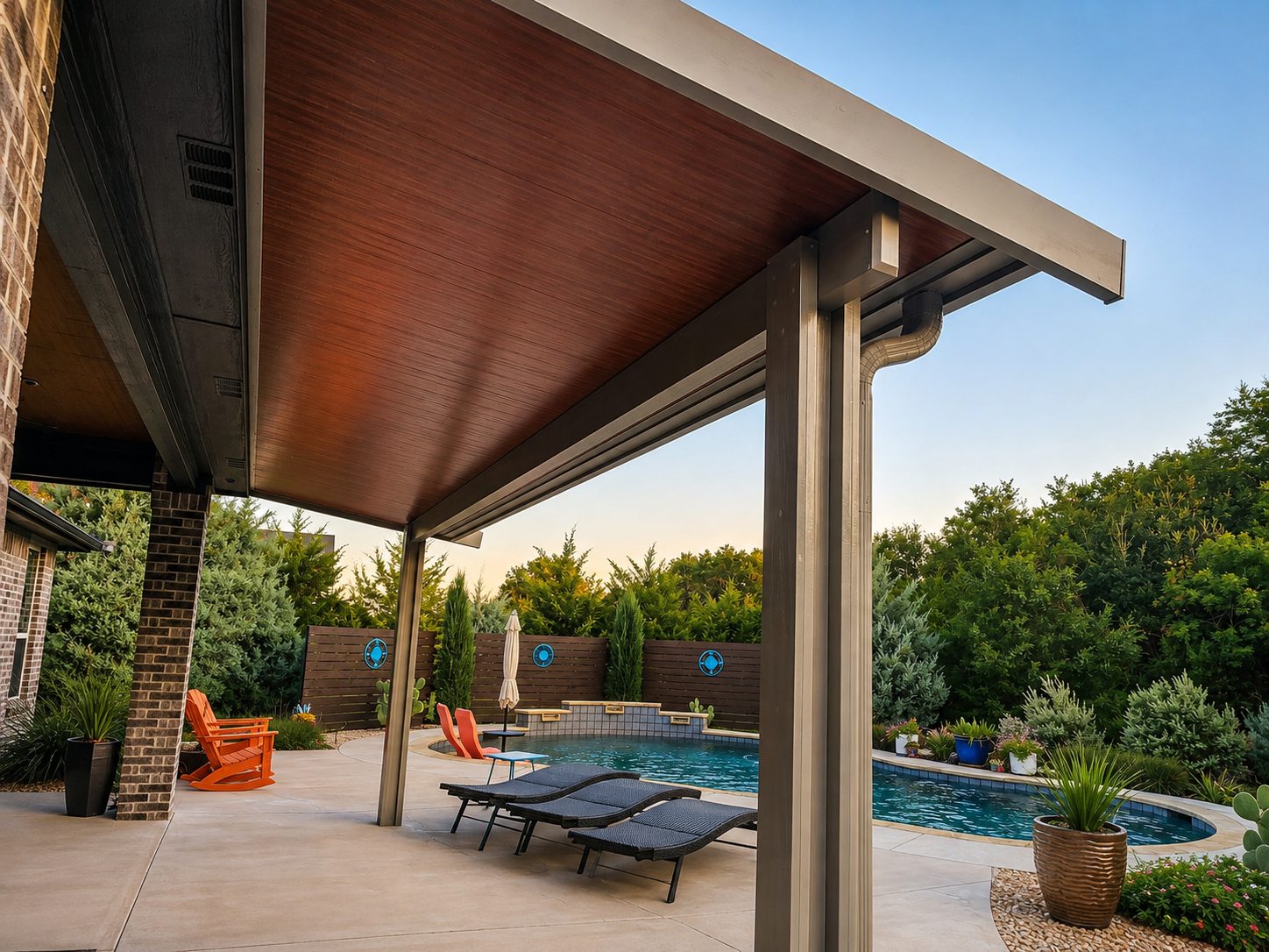 Poolside patio cover with wood-grain ceiling, Granbury TX