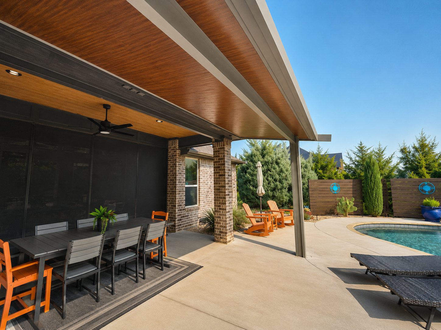 Wood-grain insulated cover over pool deck, Granbury TX