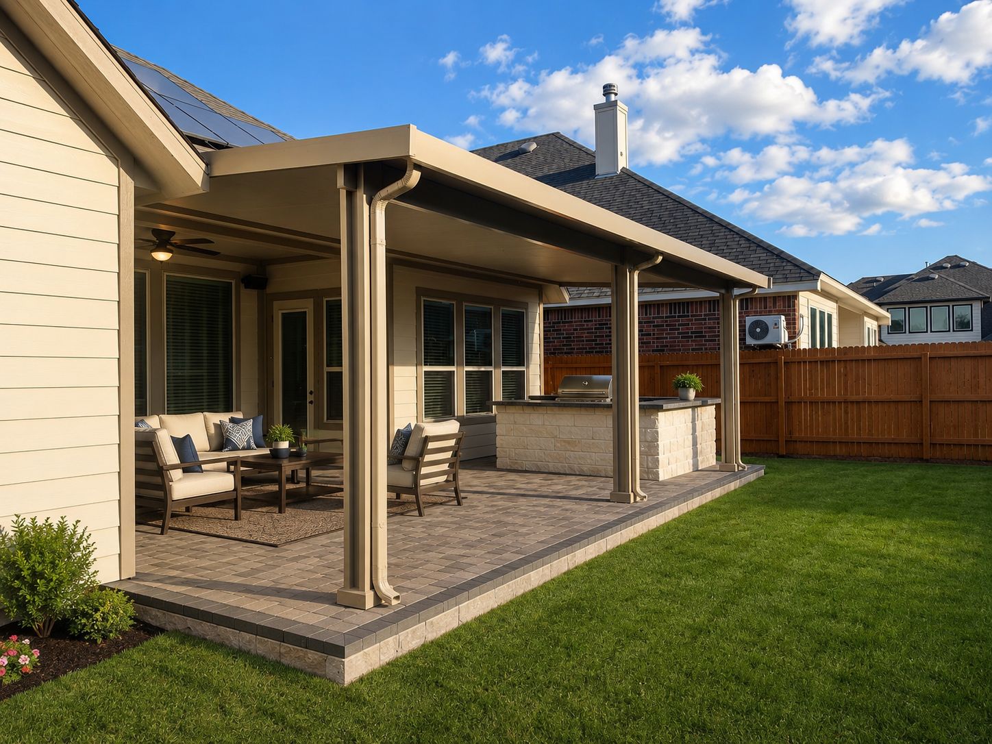 Insulated patio cover with outdoor kitchen, CertiPro project (enhanced photo)