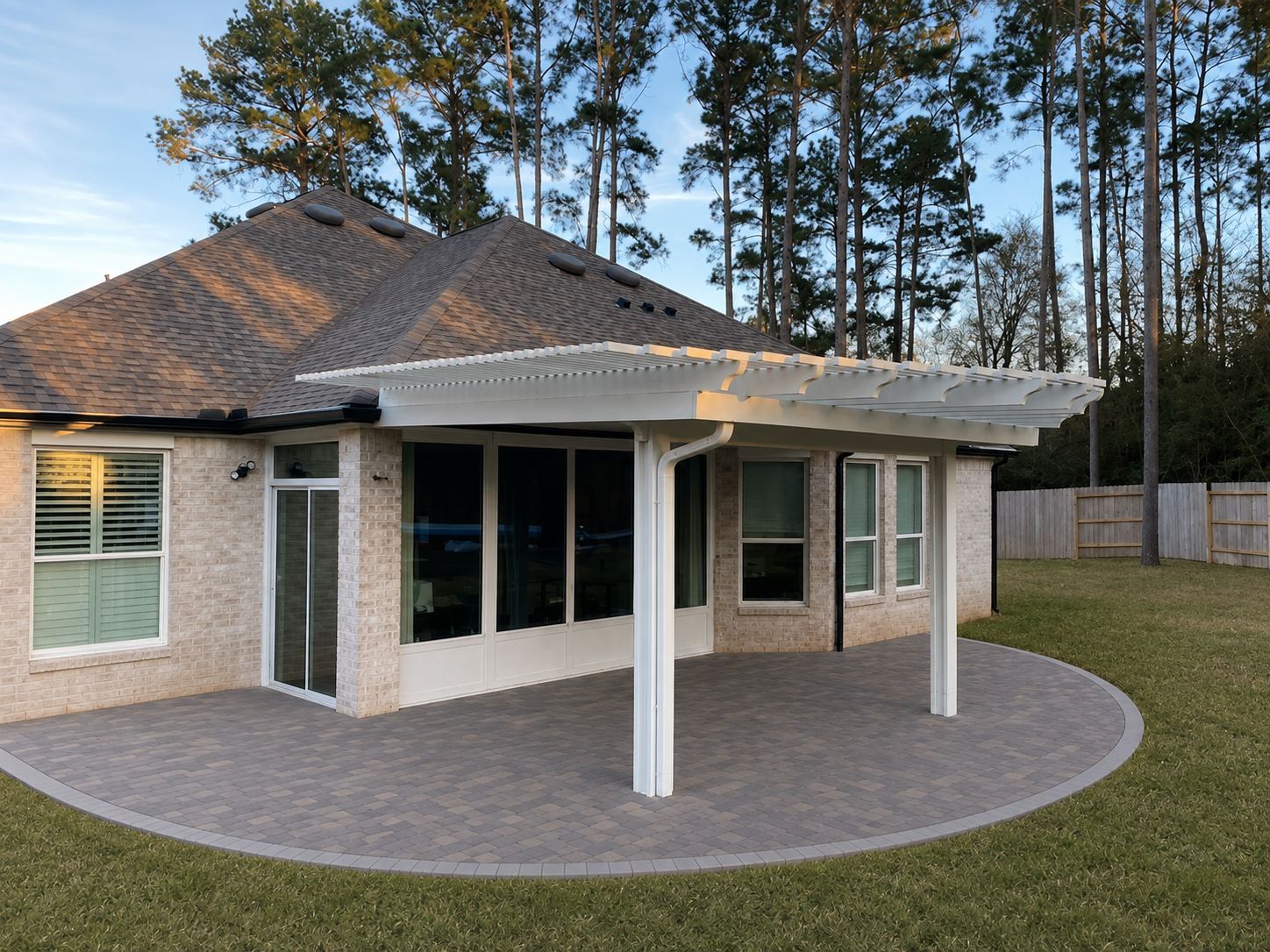 Hybrid patio cover: solid insulated roof against the house with an open lattice front section, white aluminum, over an oval paver patio